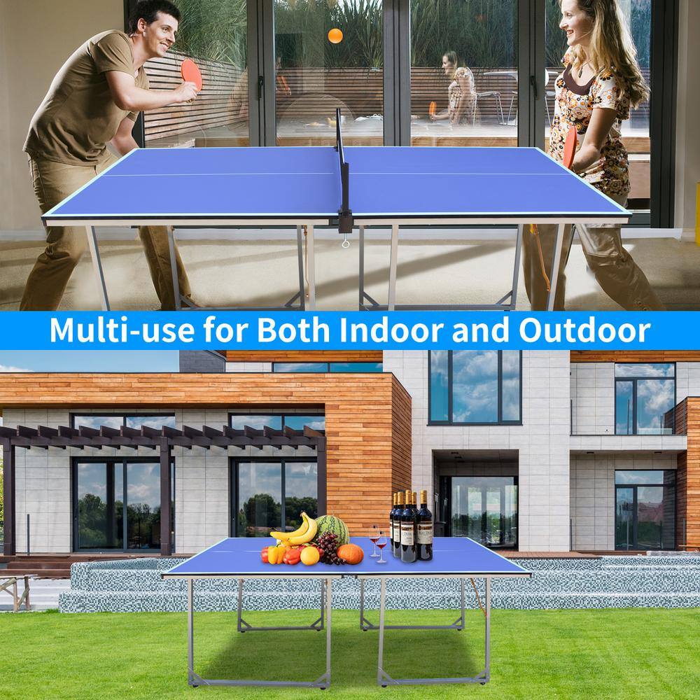 6ft Blue Foldable Outdoor Table Tennis Set with Net and Paddles