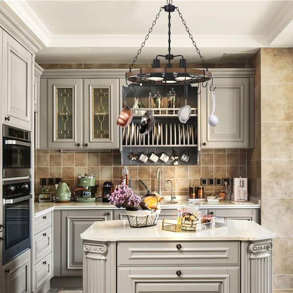 60-Watt 3-Light Wood Frame and Matte Black Accents Farmhouse Kitchen Island Chandelier Pot Rack