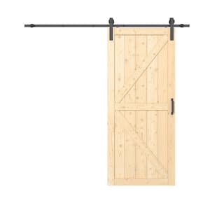 36 in. x 84 in. Paneled K Shape Solid Pine Wood Unfished Sliding Barn Door Slab with Installation Hardware Kit