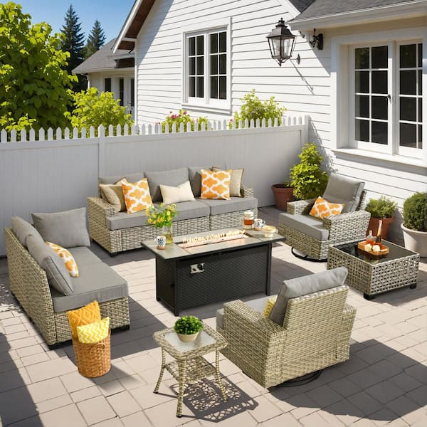 HOOOWOOO Kelleys 10-Piece Wicker Outdoor Patio Conversation Sofa Fire Pit Furniture Set with Swivel Chairs and Dark Grey Cushions
