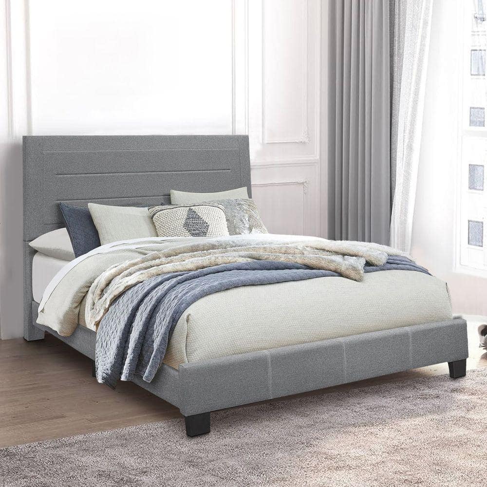 Transitional Gray Queen Upholstered Bed with Panel Headboard and Storage Drawer