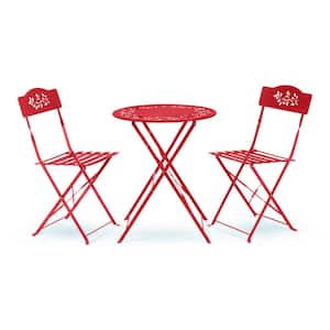 Red 3-Piece Iron Indoor/Outdoor Bistro Set Folding Table and Chairs Patio Seating