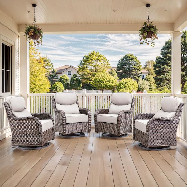 MoonLuxe Brown Swivel Glider Wicker Outdoor Rocking Chair with Beige Olefin 6 In. Thick Cushions (4-Piece)