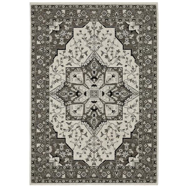 AVERLEY HOME Channing Ivory/Gray 2 ft. x 8 ft. Star Vintage Oriental Medallion Polyester Fringe Edge Indoor Runner Area Rug