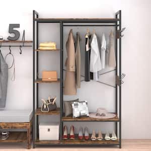 Rustic Brown Wooden Clothes Rack with Metal Frame Closet Organizer Portable Garment Rack with 2 Storage Box & Side Hook