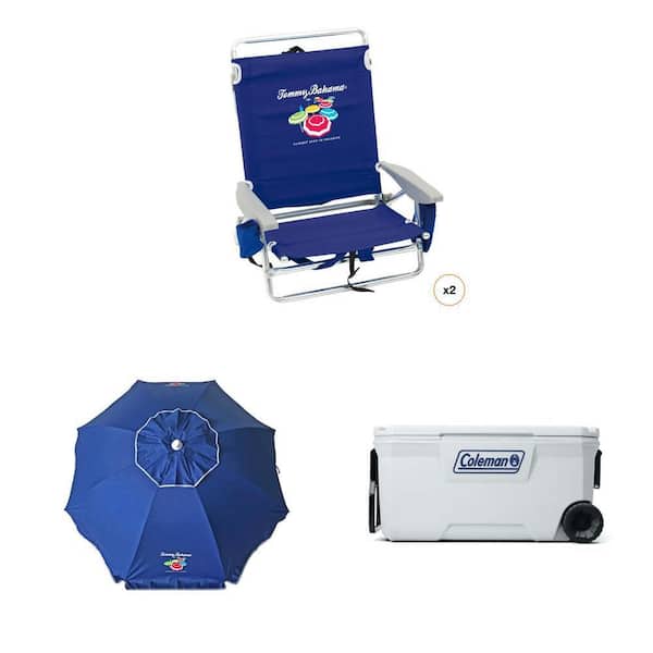 Navy Blue Beach Chair (2), 6 ft. Beach Umbrella, and 100QT Cooler Combo