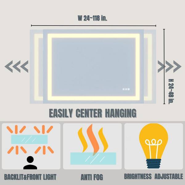110 in. W x 48 in. H Rectangular Frameless LED Light Anti-Fog Wall Bathroom Vanity Mirror with Backlit and Front Light