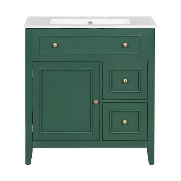 Unbranded 30 in. W x 18.3 in. D x 32.5 in. H Freestanding Bath Vanity in Green with White Integrated Ceramic Sink and Top,2-Drawer
