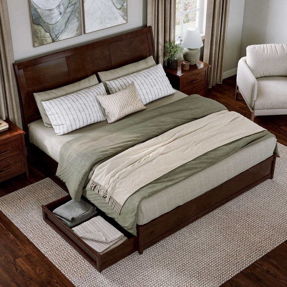 Walnut King Platform Bed with Storage Drawers and Wood Headboard