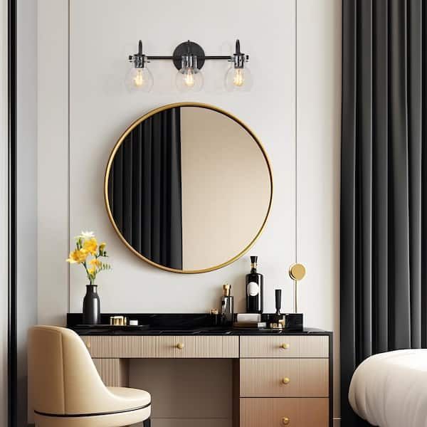 Modern 22 in. 3-Light Black Bathroom Vanity Light with Clear Glass Globe Shades Classic Wall Sconce for Damp Location