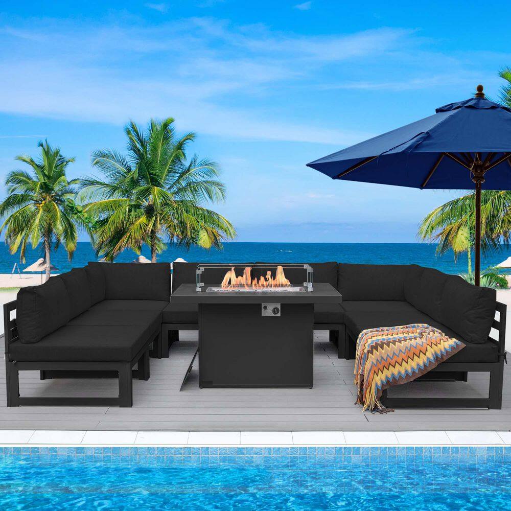 Extra Large Gray 9-Piece Aluminum Patio Fire Pit Conversation Set Deep Seat