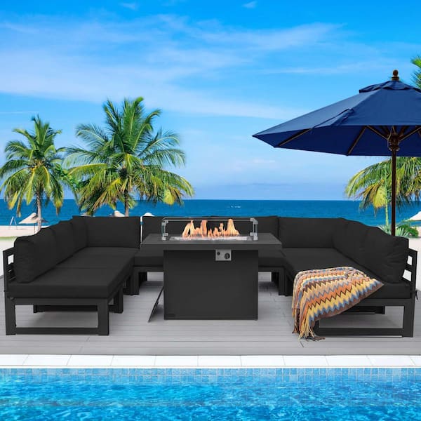 Unbranded Extra Large Gray 9-Piece Aluminum Patio Fire Pit Conversation Set Deep Seating Sectional Sofa with Black Cushions