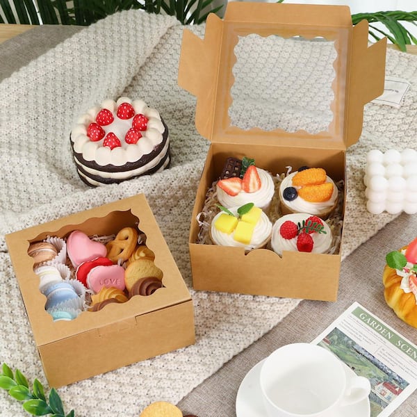6 in. x 6 in. x 3 in. Paper Bakery Boxes with Window for Treats, Cakes, Desserts, Donuts, and Pastry, Brown (15-Pack)