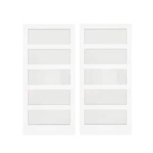 60 in. x 80 in. (Double 30 in. Doors) MDF, Finished, White, 5 Panel, Frosted Glass, Pantry Door Panels Slab Sliding Door
