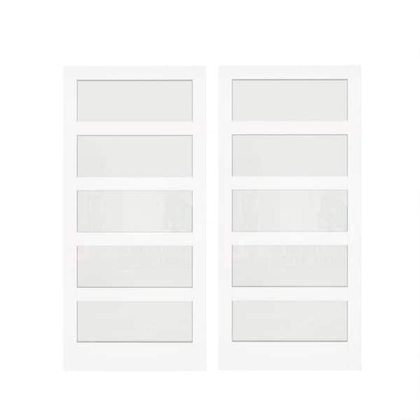 TENONER 60 in. x 80 in. (Double 30 in. Doors) MDF, Finished, White, 5 Panel, Frosted Glass, Pantry Door Panels Slab Sliding Door