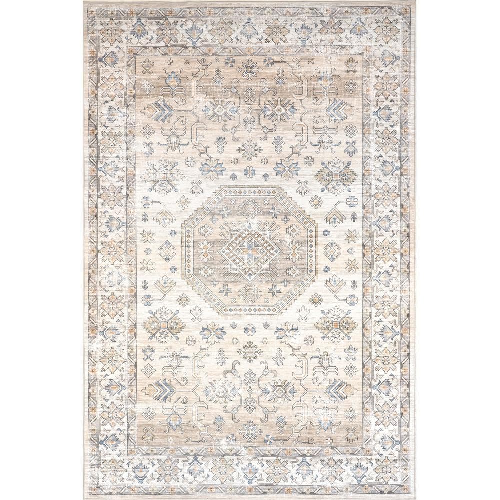 nuLOOM Tiffani Floral Machine Washable Stain-Resistant Ivory 6 ft. x 9 ft. Area Rug