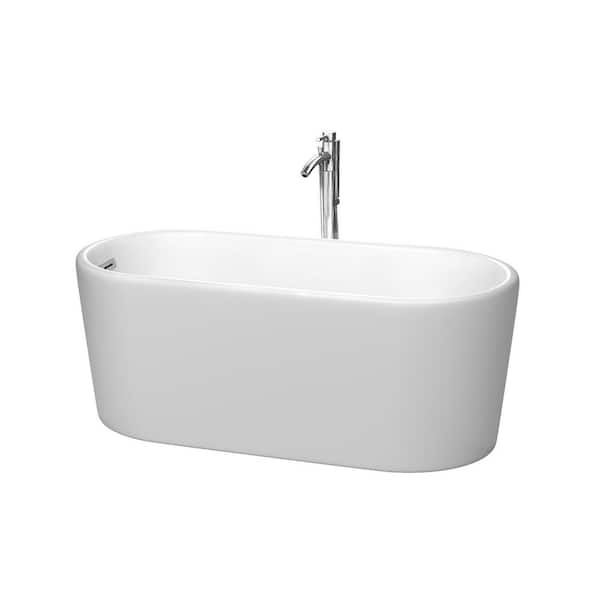 Wyndham Collection Ursula 59 in. Acrylic Flatbottom Bathtub in Matte White with Polished Chrome Trim and Floor Mounted Faucet