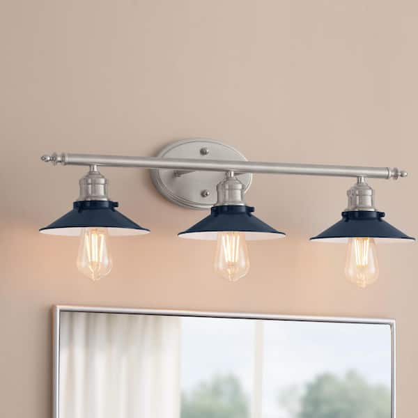Hampton Bay Glenhurst 25 in. 3-Light Industrial Farmhouse Cobalt and Brushed Nickel Bathroom Vanity Light Fixture with Metal Shades