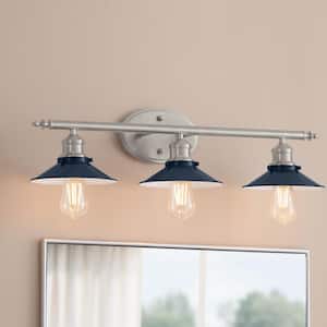 Glenhurst 25 in. 3-Light Industrial Farmhouse Cobalt and Brushed Nickel Bathroom Vanity Light Fixture with Metal Shades