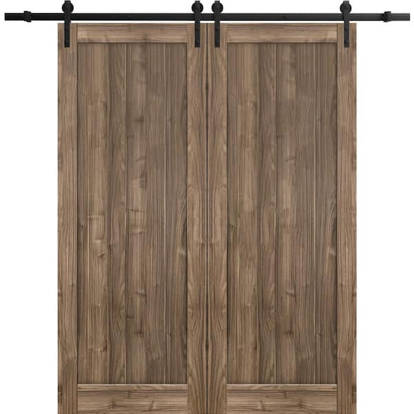 Sartodoors 18 in. x 80 in. 2 Panel Walnut Solid MDF Sliding Barn Door with Hardware Kit