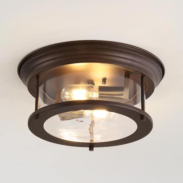 Lauren 13.25 in. 2-Light Metal/Glass LED Flush Mount, Oil Rubbed Bronze/Brass Gold