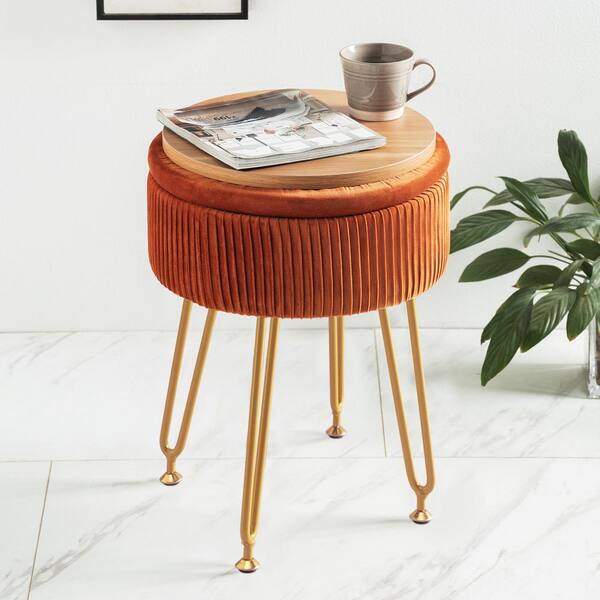 LUE BONA Velvet Storage Ottoman Foot Rest Upholstered Pleated Round Footrest Vanity Stool with Metal Legs Coffee Table Top Cover