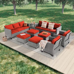 9-Piece Gray Wicker Outdoor Seating Sofa Set with Coffee Table, Rust Red Cushions