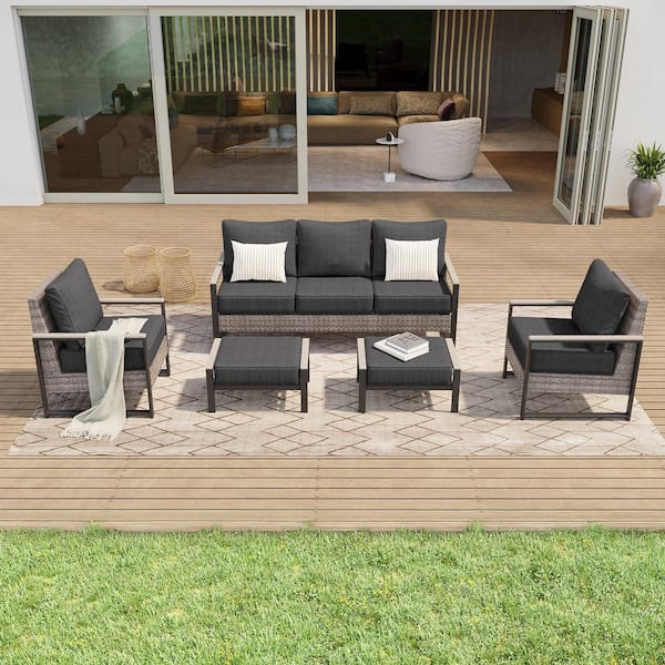 5 Pieces Patio Conversation Set with Ottomans, All-Weather Patio Sofa PE Rattan Gray Wicker with Black Cushion
