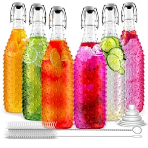 33 oz. Dotted Round Swing Top Glass Bottles with Funnel, Bottle Brush and Glass Marker (Set of 6)