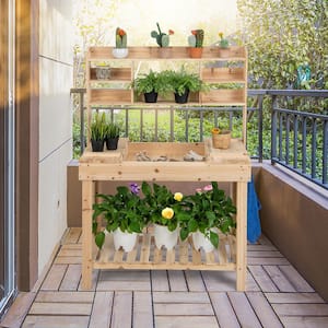 Garden Wood Work Potting Bench Station with Display Rack and Hidden Sink