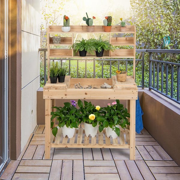 Garden Wood Work Potting Bench Station with Display Rack and Hidden Sink