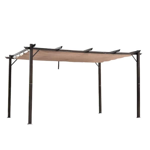 10 ft. x 13 ft. Aluminum Frame Brown Outdoor Retractable Pergola Grill Gazebo for Porch Party, Garden, Backyard, Deck