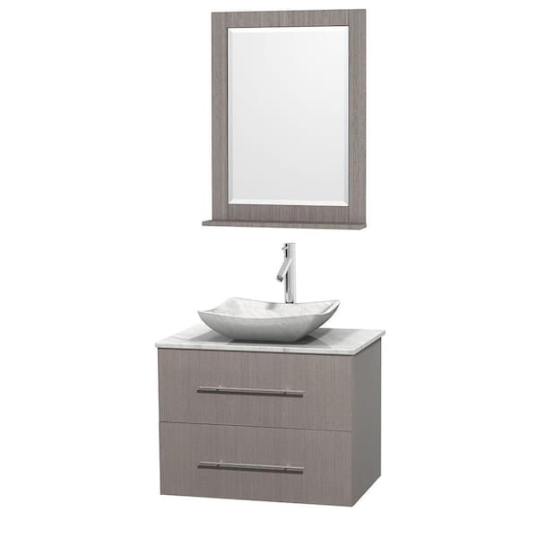 Wyndham Collection Centra 30 in. Vanity in Gray Oak with Marble Vanity Top in Carrara White, Marble Sink and 24 in. Mirror