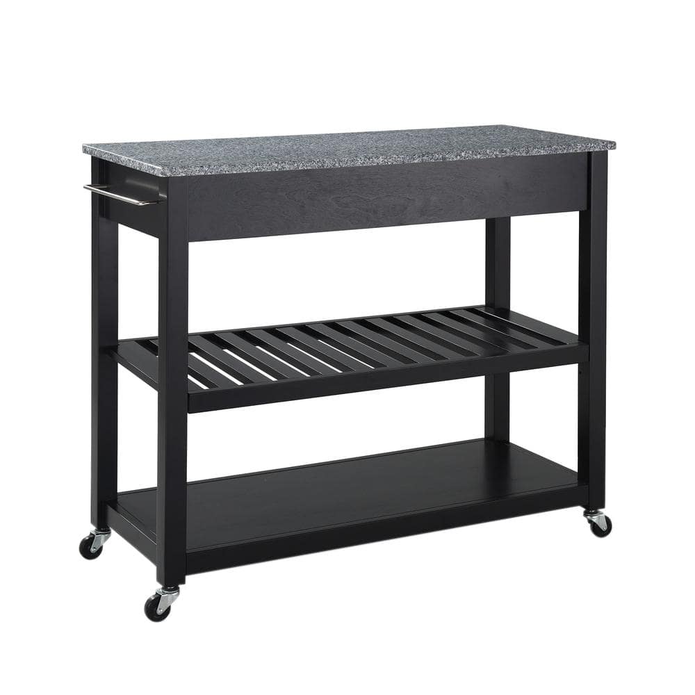 Black Granite Top Kitchen Cart with Wine Rack and Storage