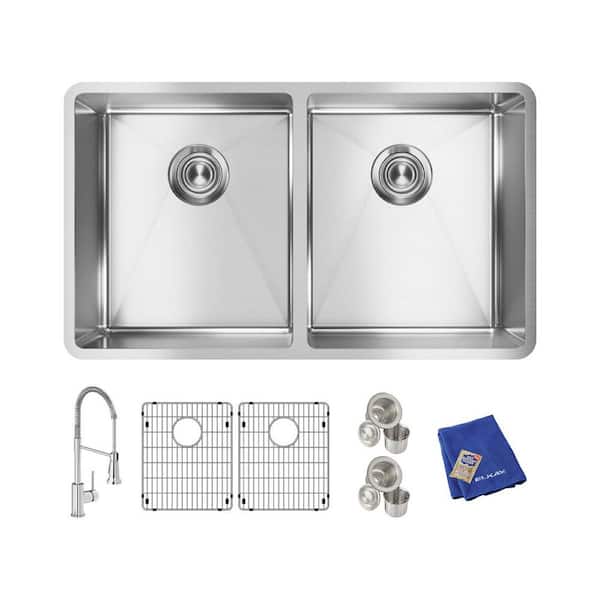 Elkay Crosstown Stainless Steel 32 In Equal Double Bowl Undermount Kitchen Sink Kit With Faucet Ectru31179tfc The Home Depot