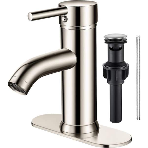 Single Handle Single Hole Bathroom Faucet with Deckplate Included and Drain Kit Included in Brushed Nickel