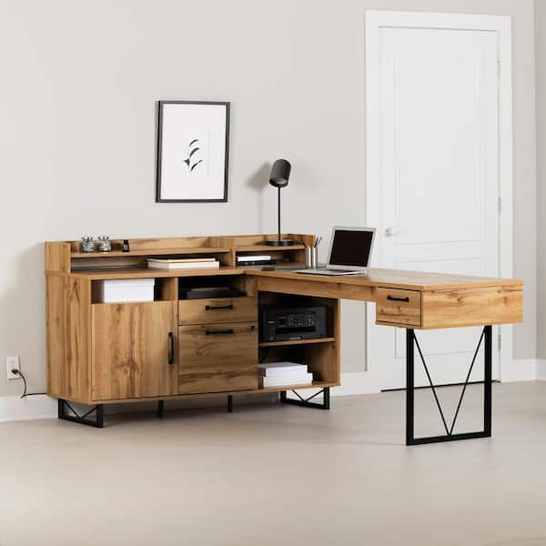 South Shore Finneas 59.5 in. Rectangle Nordik Oak Particle Board 3-Drawers Desk with Power Stip