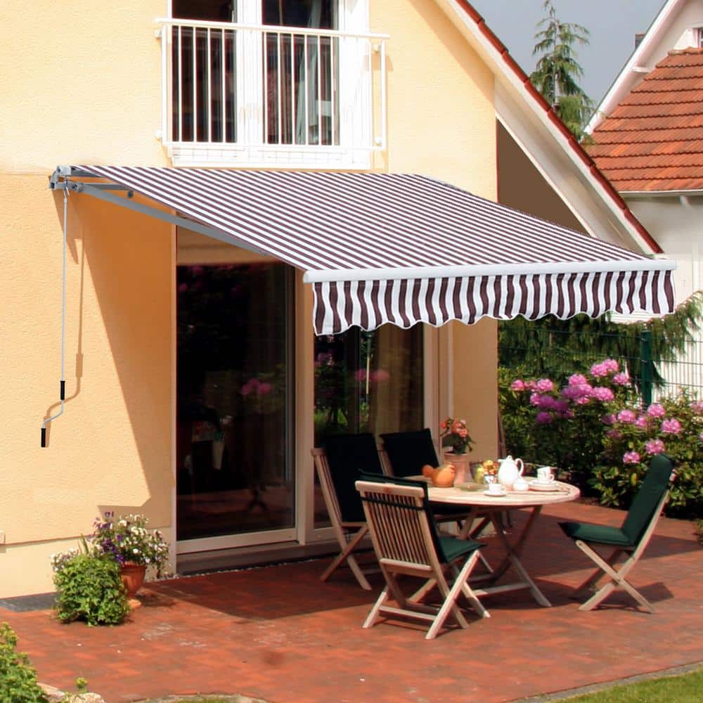 Coffee Striped 10' x 8' Retractable Patio Awning with Aluminum Frame