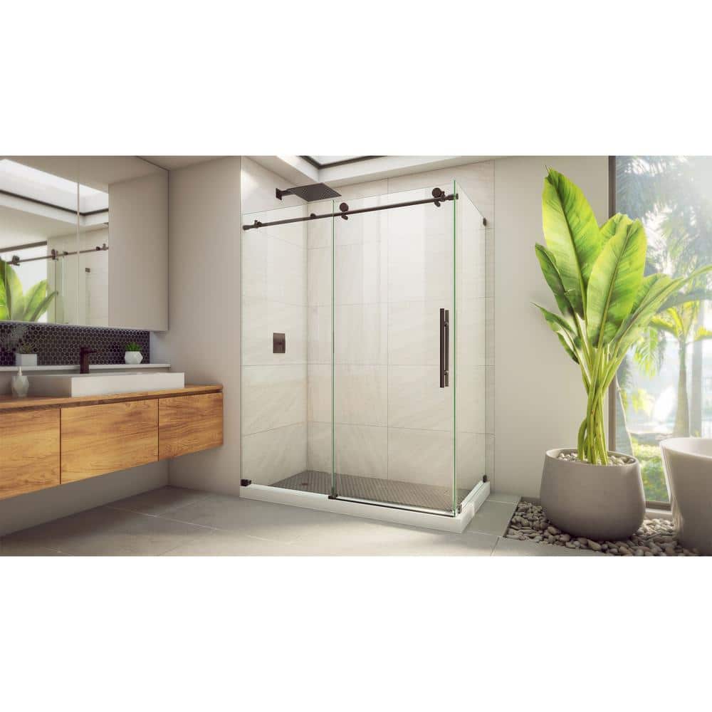 Modern Frameless Sliding Shower Enclosure with Clear Glass and Oil Rubbed Bronze Hardware
