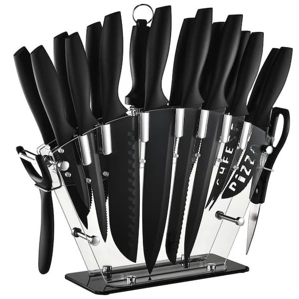 19-Piece Black Stainless Steel Kitchen Knife Set with Acrylic Block and Sharpener