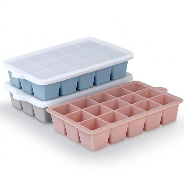 Multi-Colored Square Ice Mold Silicone Ice Cube Tray Set 3 Pack Kitchen Freezer Stackable with Lid, 3 Pack