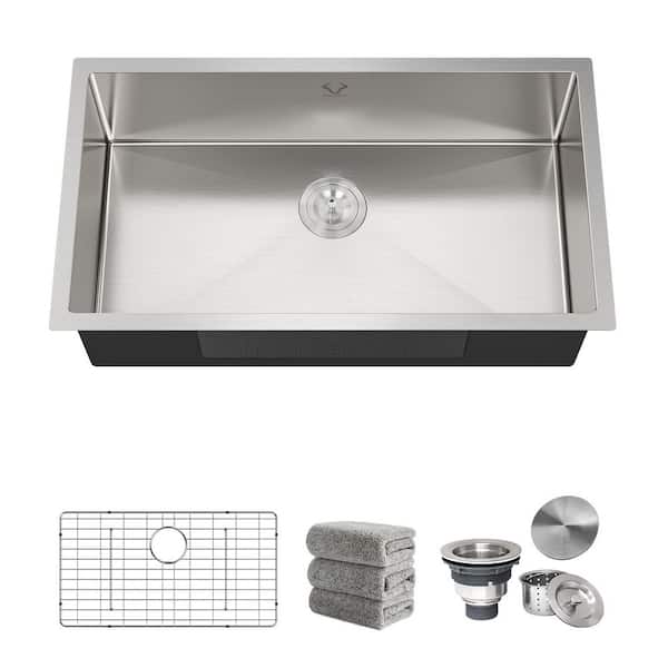32 in. x 18 in. Undermount Single Bowl 16 Gauge Silver Stainless Steel Kitchen Sink (Set of 5)