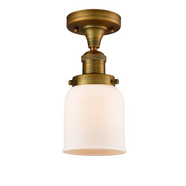 Innovations Bell 5 in. 1-Light Brushed Brass Industrial Semi-Flush Mount with Frosted Glass Shade