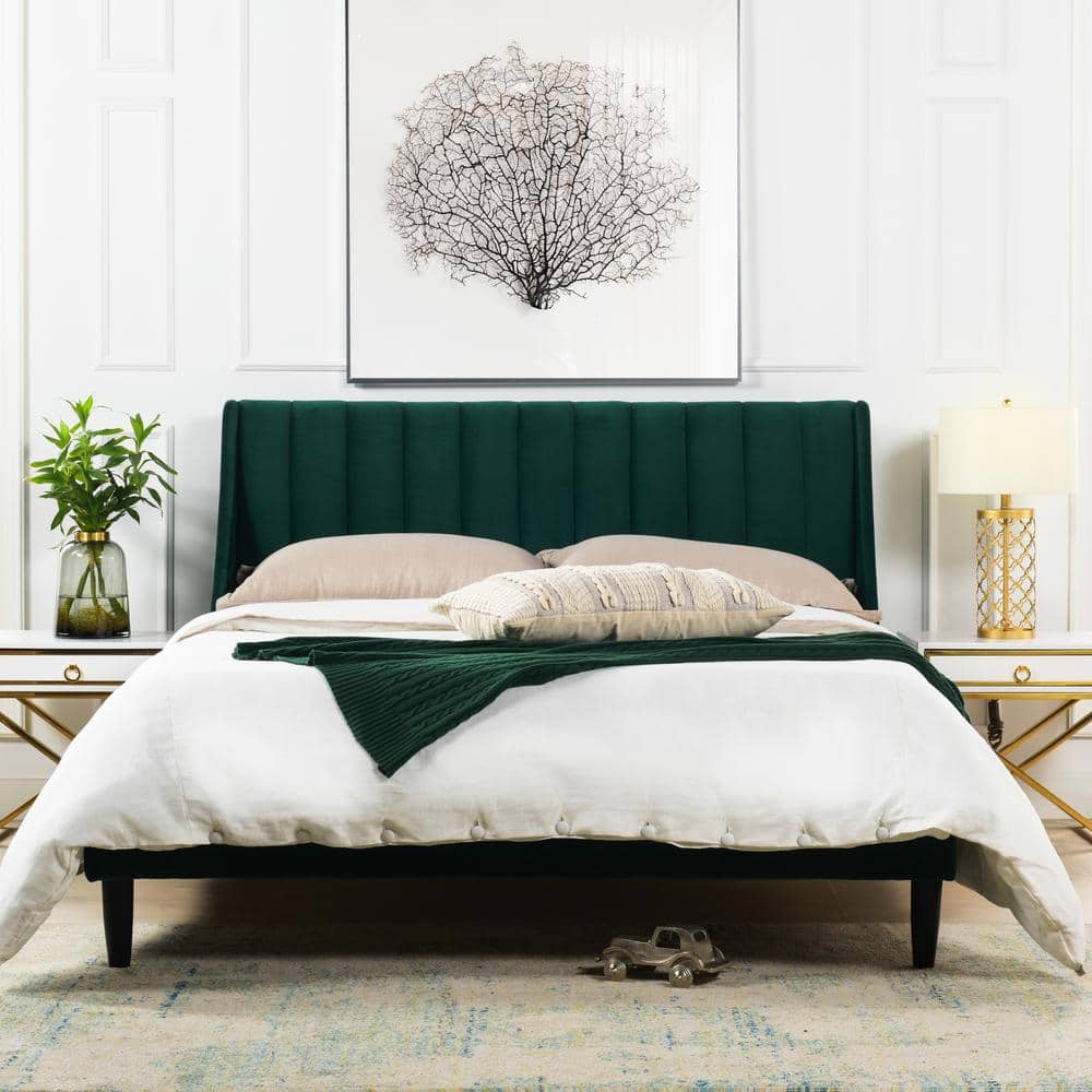 Aspen Medium Evergreen Velvet Tufted Queen Platform Bed with Pine Frame