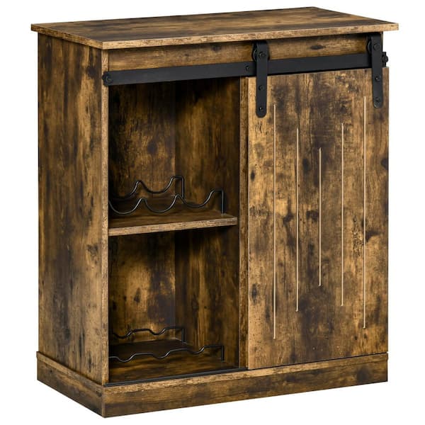 FORCLOVER 27.5 in. W 6-Bottle Brown Buffet Bar Wine Cabinet with Barn Door Sideboard Buffet Table Wine Rack
