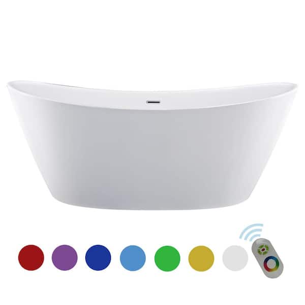 Empava 67 in. Acrylic Flatbottom Double Slipper Freestanding Bathtub 7-Color Changing LED Lights Soaking Tub with RC