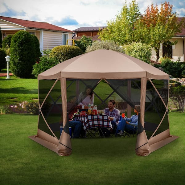 SEEUTEK 12 ft. x 12 ft. Pop Up 6 Sided Outdoor Camping Gazebo Screen Tent  with Portable Carry Bag, Ground Stake, 4 Ropes BZ-1353 - The Home Depot