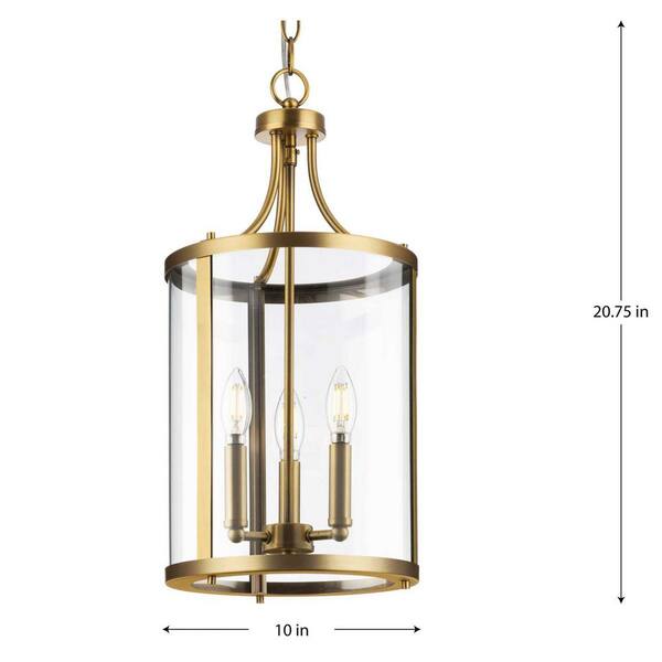 Progress Lighting Gilliam 3-Light Vintage Brass Farmhouse Clear Glass Cylinder Medium Hanging Pendant Light