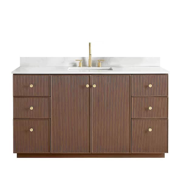 Oza 60 in.W x 22 in.D x 33.9 in.H Single Sink Bath Vanity in Dark Brown with White Quartz Stone Top