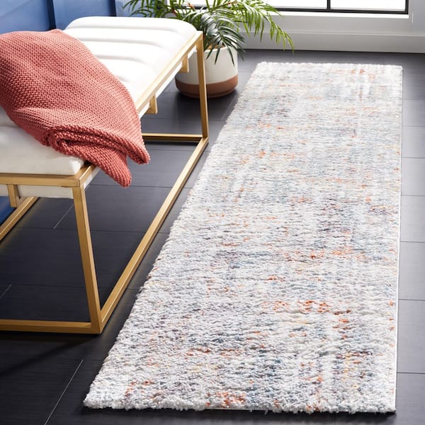Berber Shag Blue Rust/Ivory 2 ft. x 12 ft. Abstract Runner Rug